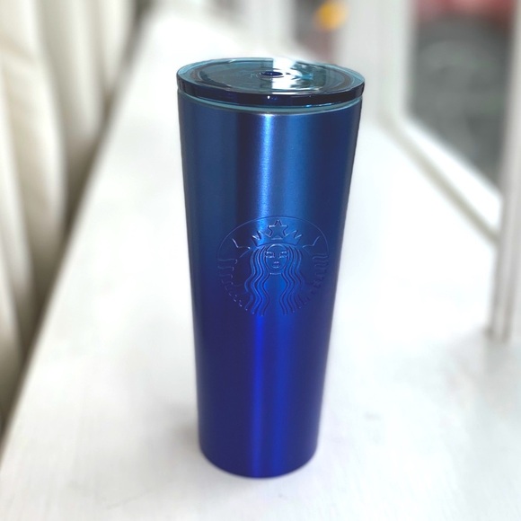 Starbucks Blue Metal Logo 16 oz Tumbler Cold Cup with straw - Picture 2 of 6